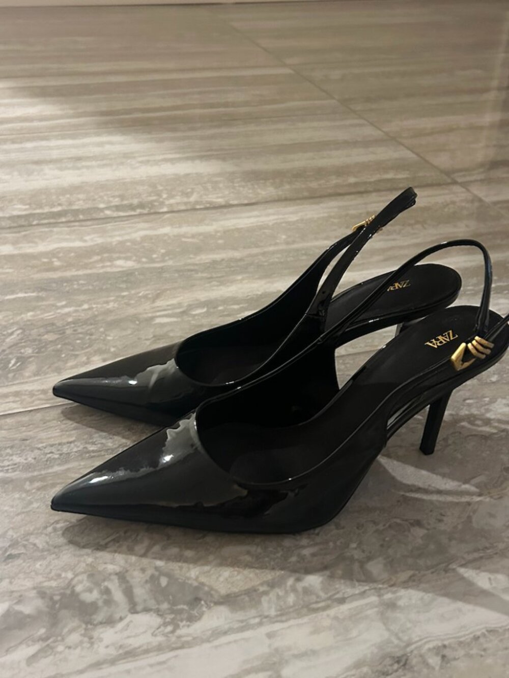 Zara Black Patent Slingback Pointed Toe Heels | Gold Hardware | Size 40 (US 9)